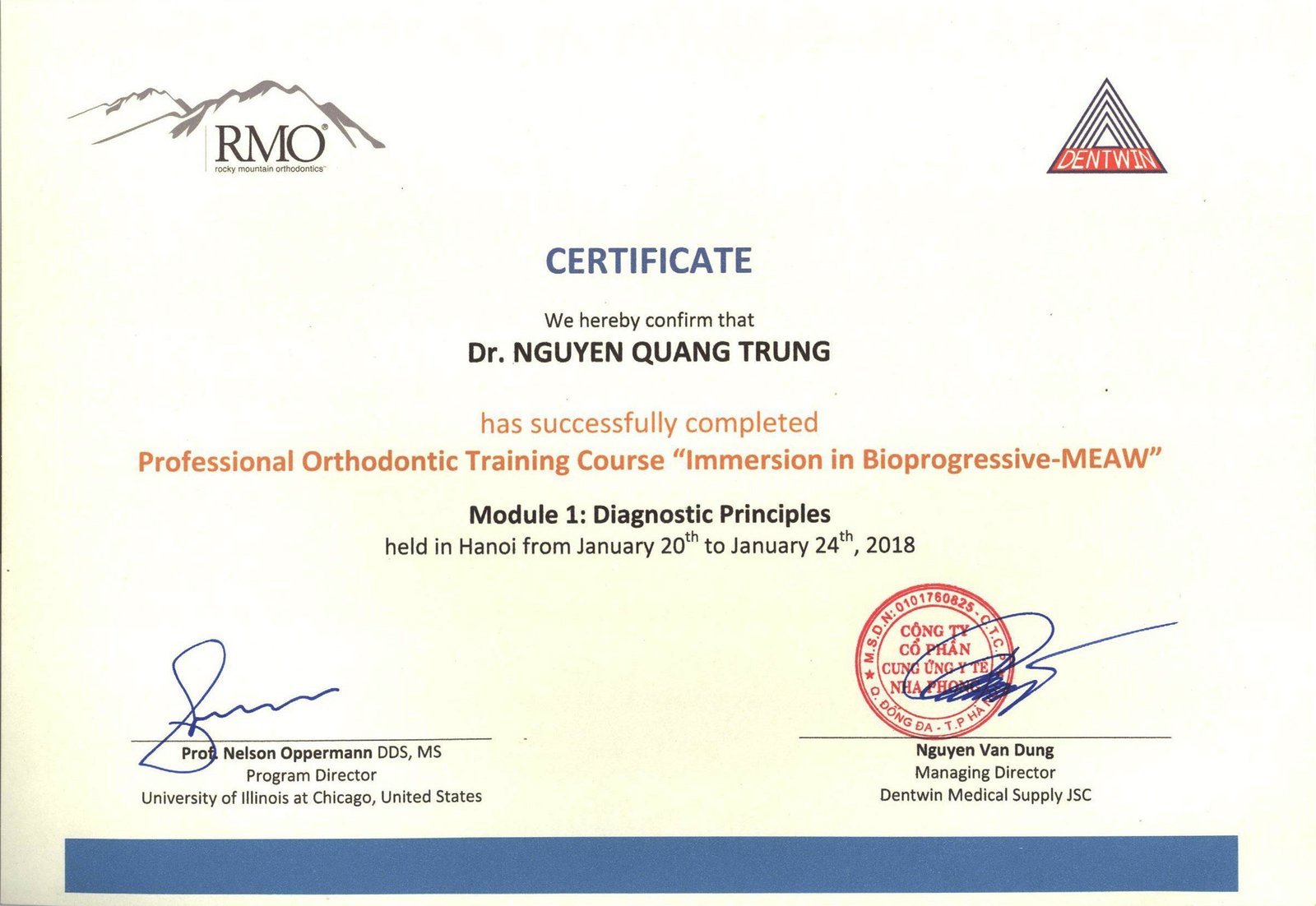 Chứng nhận chương trình chỉnh nha MEAW của RMO Hoa Kỳ do GS Nelson Oppermann giảng dạy