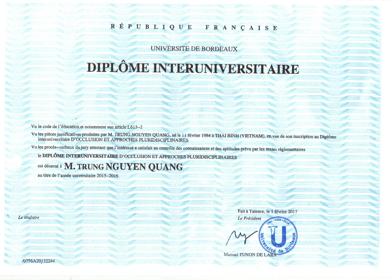 Bằng Liên đại học DIU chuyên ngành Cắn khớp của Đại học Bordeaux Pháp cấp cho Bác sĩ Nguyễn Quang Trung