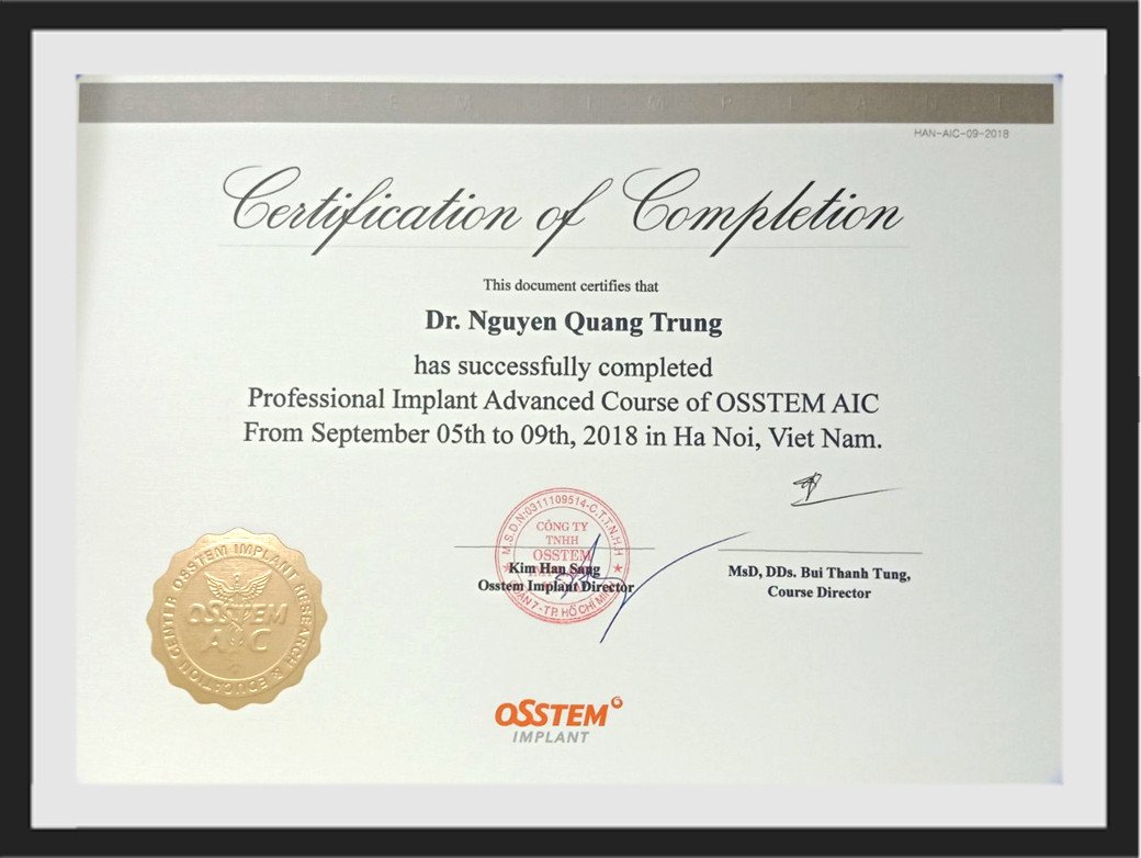 Chứng nhận hoàn thành khóa Implant nâng cao OSSTEM AIC của Bác sĩ Nguyễn Quang Trung