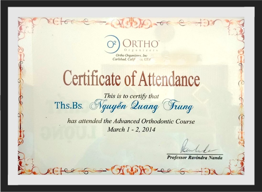 Chứng nhận Advanced Orthodontic Course của Ortho Organizers Hoa Kỳ với GS Ravindra Nanda