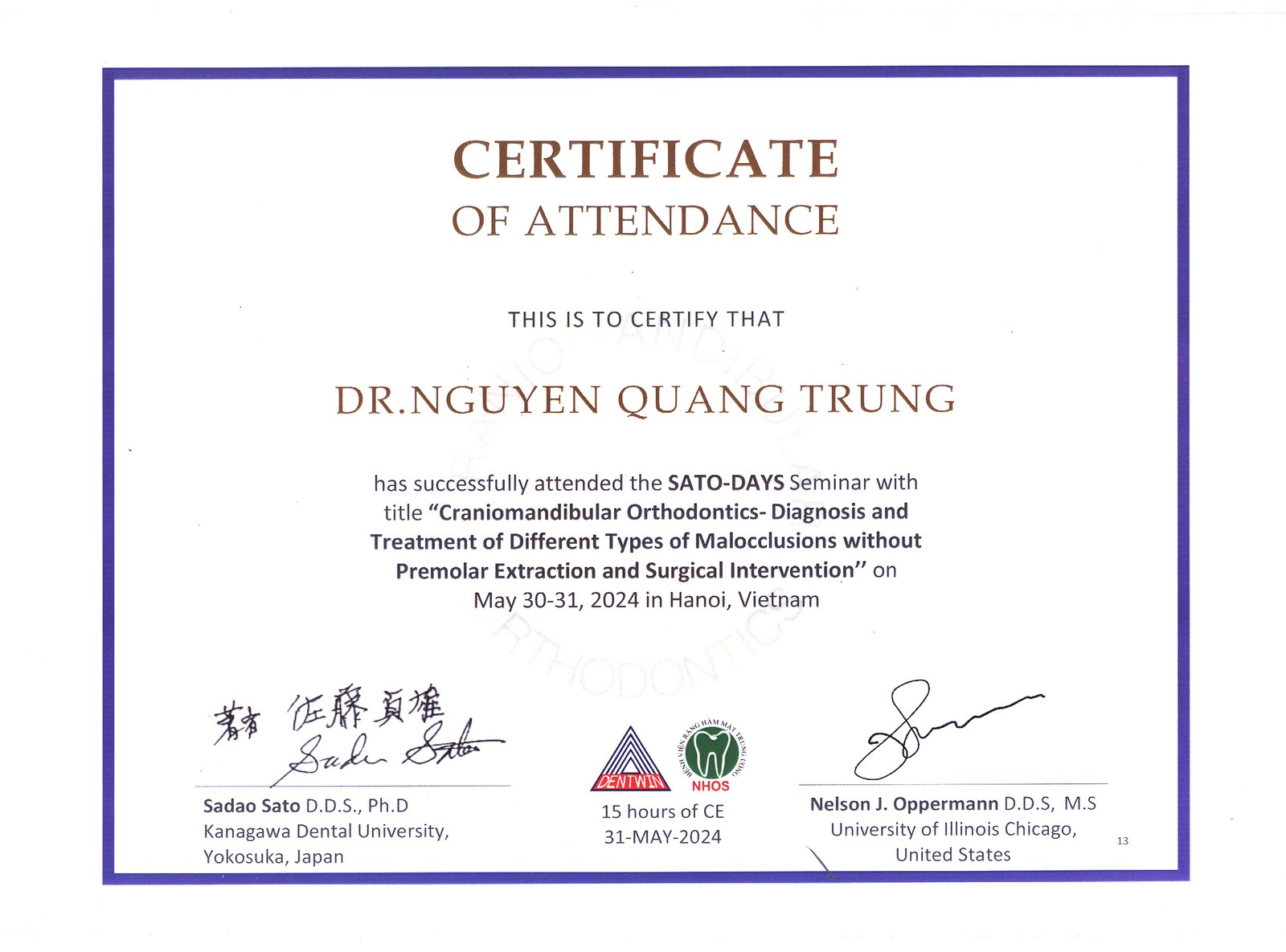 Chứng nhận hội thảo Craniomandibular Orthodontics với GS Sadao Sato Nhật Bản