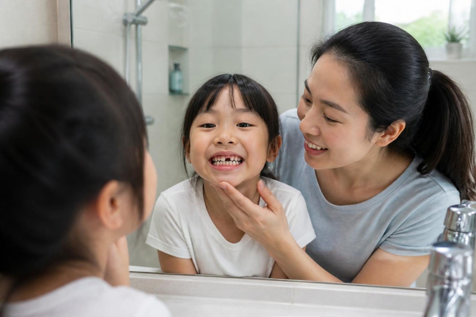 Mẹ cùng con soi gương quan sát răng đang thay - Nha khoa Bác sĩ Trung Long Biên