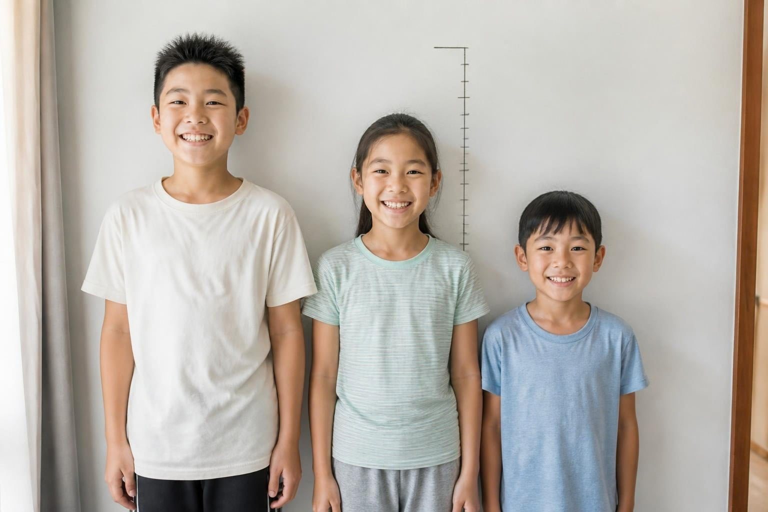 Ba trẻ cùng tuổi đứng đo chiều cao, mỗi bạn lớn một nhịp khác nhau - Nha khoa Bác sĩ Trung Long Biên