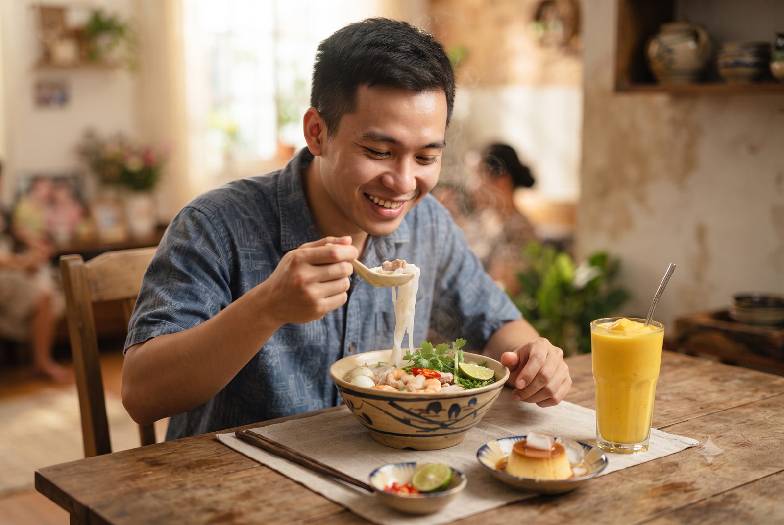 Chàng trai ăn bát bún mềm, sinh tố xoài và bánh flan dễ nhai - ảnh minh hoạ nên ăn gì khi đau khớp thái dương hàm