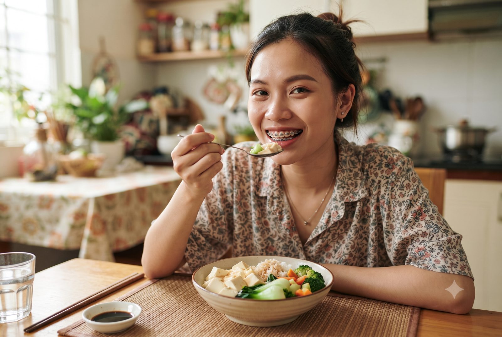 Cô gái niềng răng mắc cài ăn đậu phụ và rau hấp mềm cắt nhỏ - ảnh minh hoạ lưu ý khi niềng răng