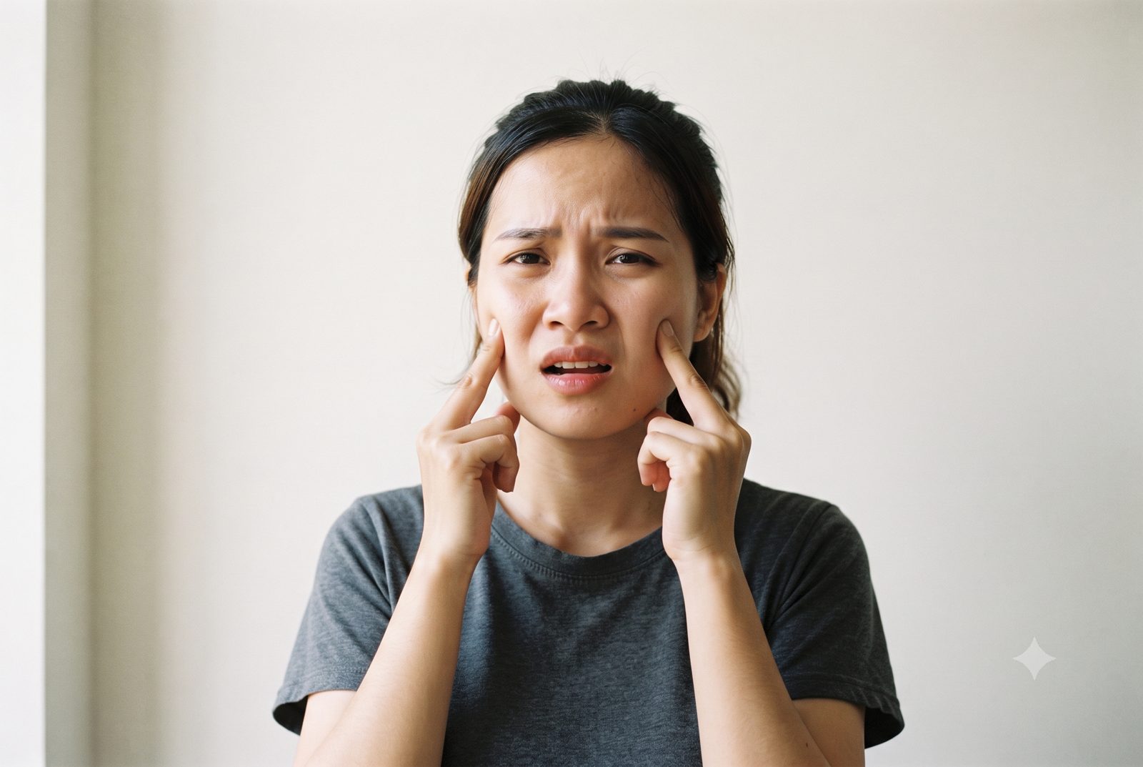 Cô gái từ từ há miệng, ấn tay vào hai bên khớp thái dương hàm trước tai - ảnh minh hoạ loạn năng khớp thái dương hàm