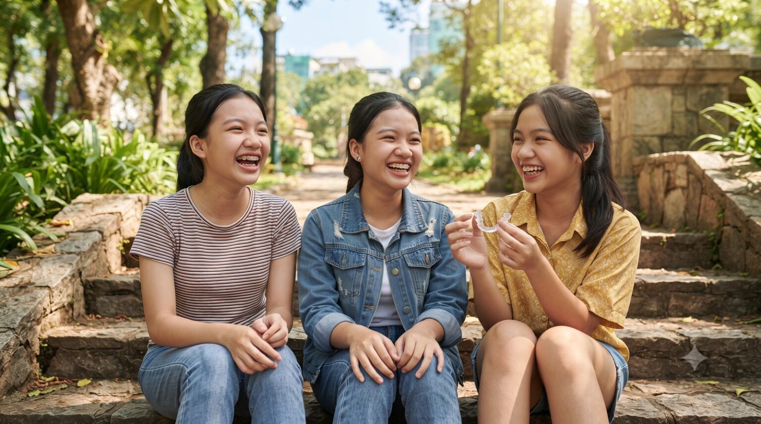 Ba bạn trẻ ngồi cười trên bậc thềm, mỗi người theo một phương pháp niềng răng khác nhau - ảnh minh hoạ Nha khoa Bác sĩ Trung Long Biên