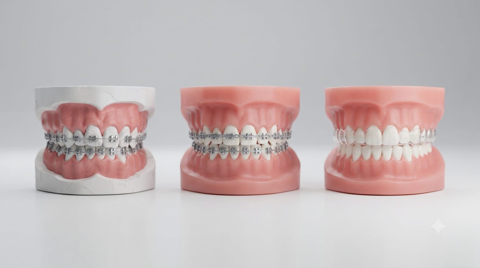 Ba mẫu hàm niềng răng xếp cạnh nhau minh hoạ các giai đoạn niềng răng - ảnh minh hoạ Nha khoa Bác sĩ Trung Long Biên
