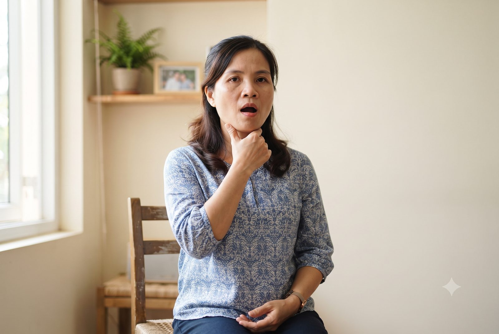 Người phụ nữ đặt ngón tay dưới cằm tạo lực cản rồi từ từ há miệng - ảnh minh hoạ bài tập cho cơ hàm