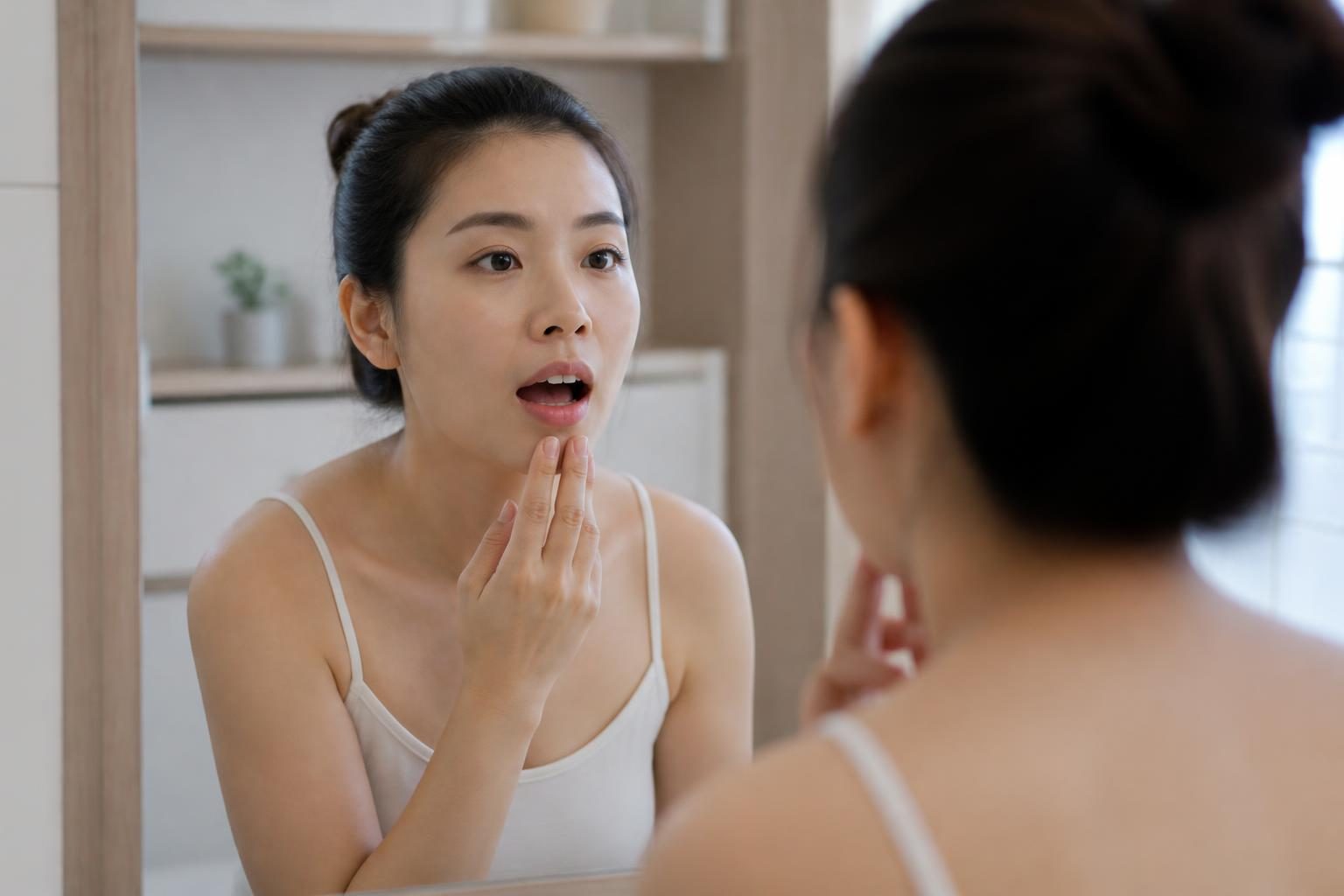 Người phụ nữ tập há ngậm miệng chậm trước gương, ngón tay đặt nhẹ ở cằm, bài tập khớp thái dương hàm tại nhà - ảnh minh hoạ