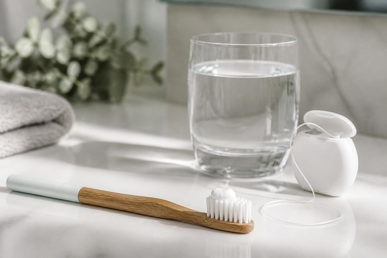 Bàn chải đánh răng, cốc nước và hộp chỉ nha khoa trên kệ phòng tắm - ảnh minh hoạ cách phòng ngừa đốm trắng trên răng