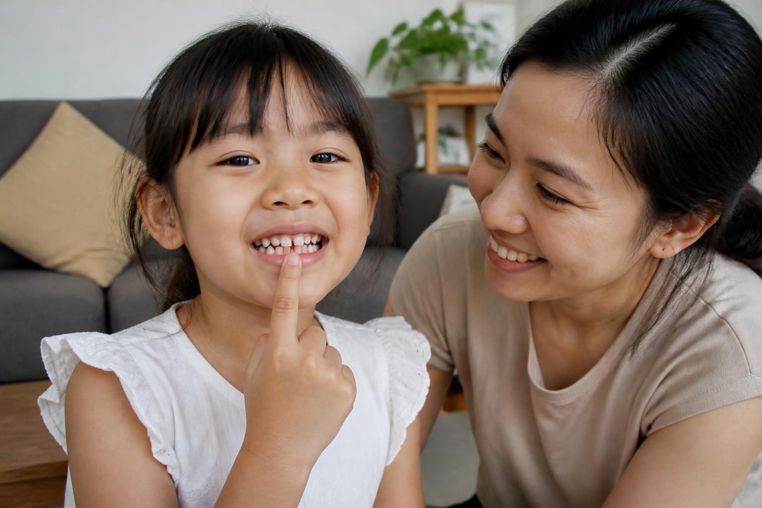 Bé gái 6 tuổi chạm vào chiếc răng sữa lung lay bên mẹ, mốc thay răng trong lịch mọc răng và thay răng của trẻ - ảnh minh hoạ
