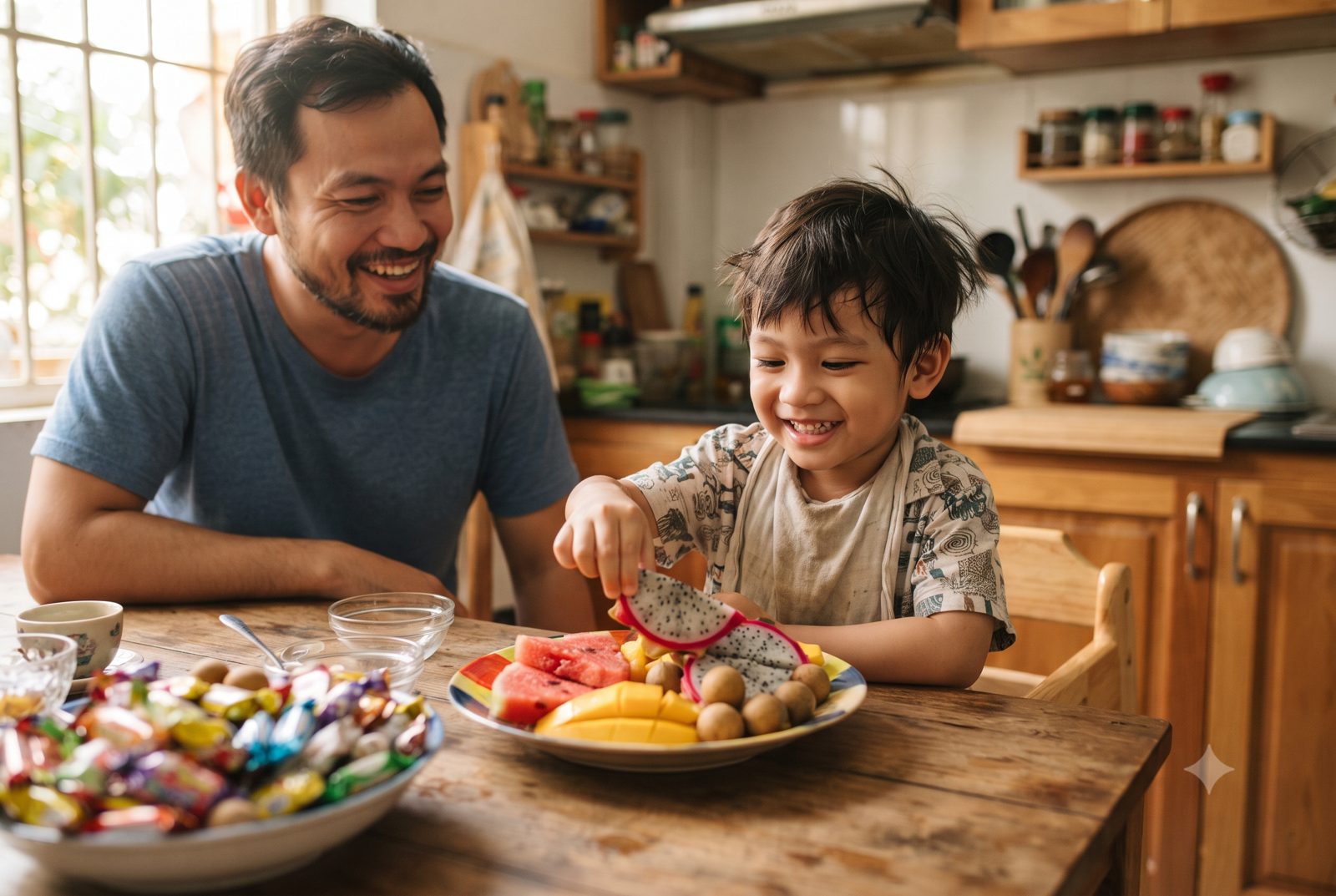 Bé trai chọn miếng hoa quả thay vì kẹo ngọt bên bố - ảnh minh hoạ dự phòng sâu răng sữa