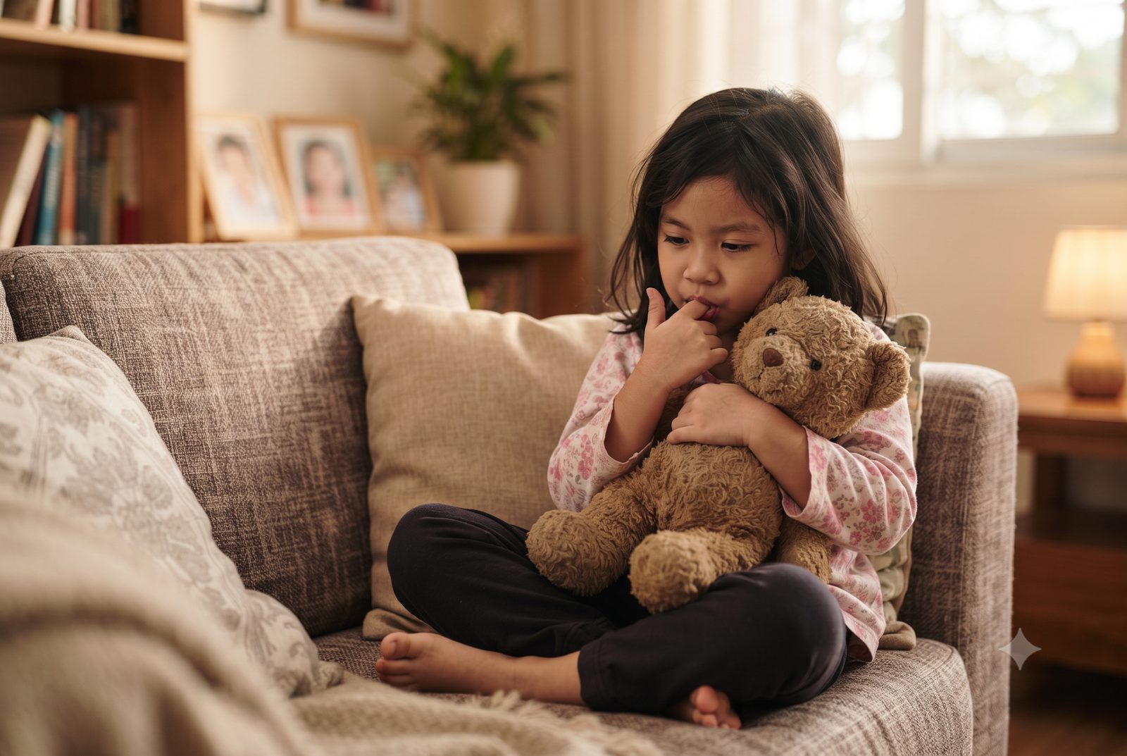 Bé gái ôm gấu bông và mút ngón tay cái, thói quen có thể làm răng thưa - ảnh minh hoạ nguyên nhân răng thưa