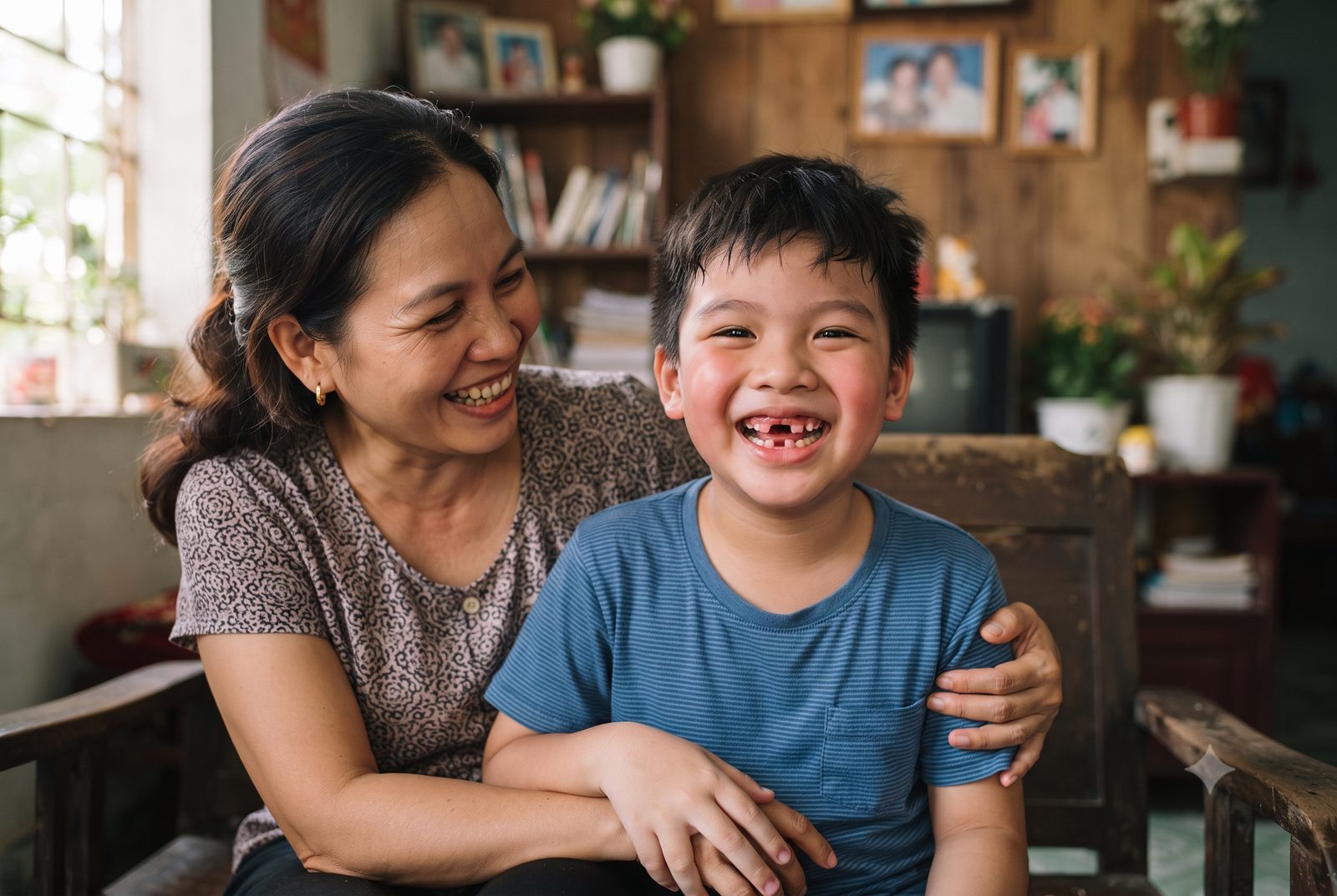 Bé trai 8 tuổi cười lộ chỗ răng sữa vừa rụng, giai đoạn thay răng là độ tuổi vàng để niềng răng - ảnh minh hoạ