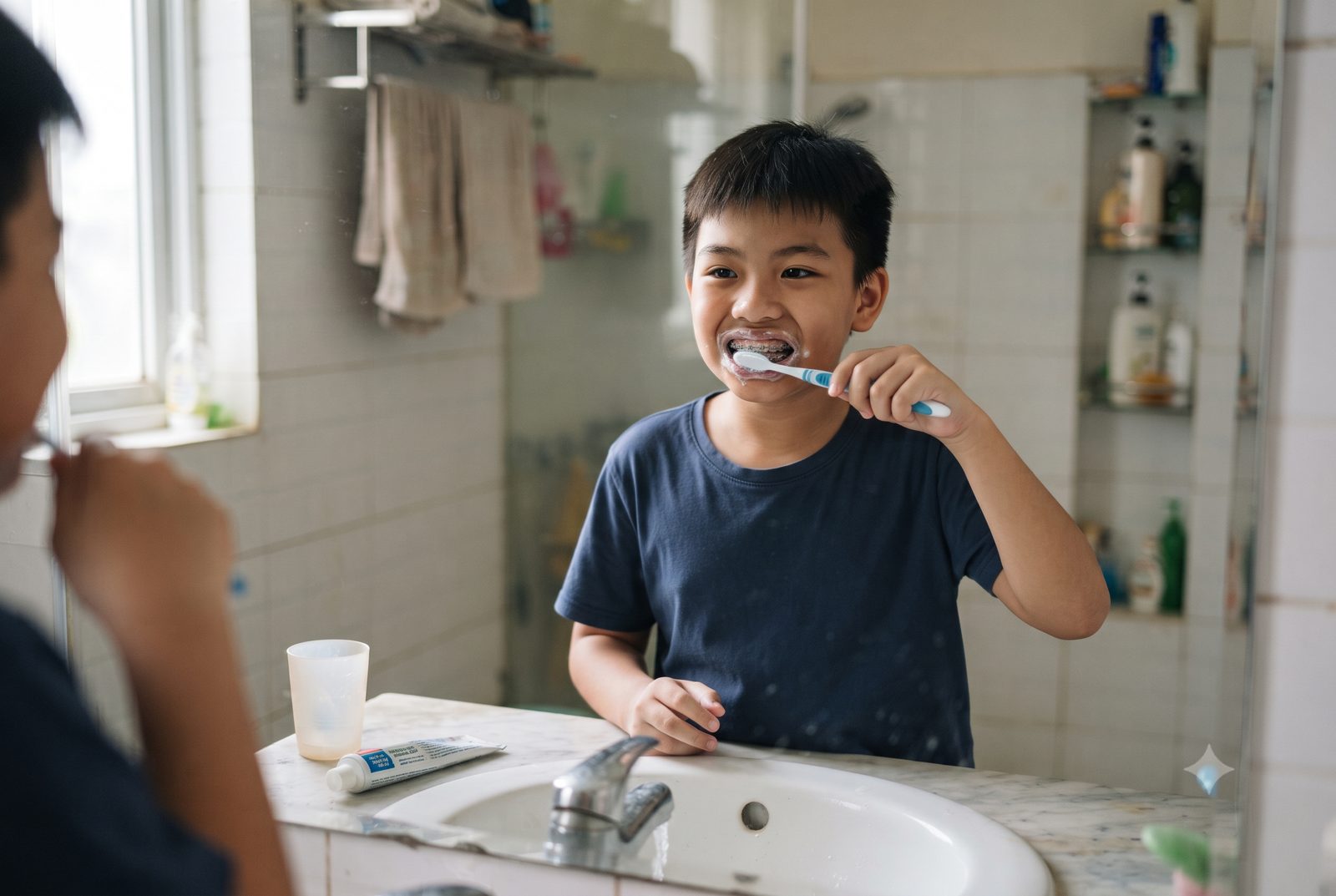 Bé trai đang niềng răng mắc cài chải răng trước gương, chăm sóc răng khi niềng - ảnh minh hoạ