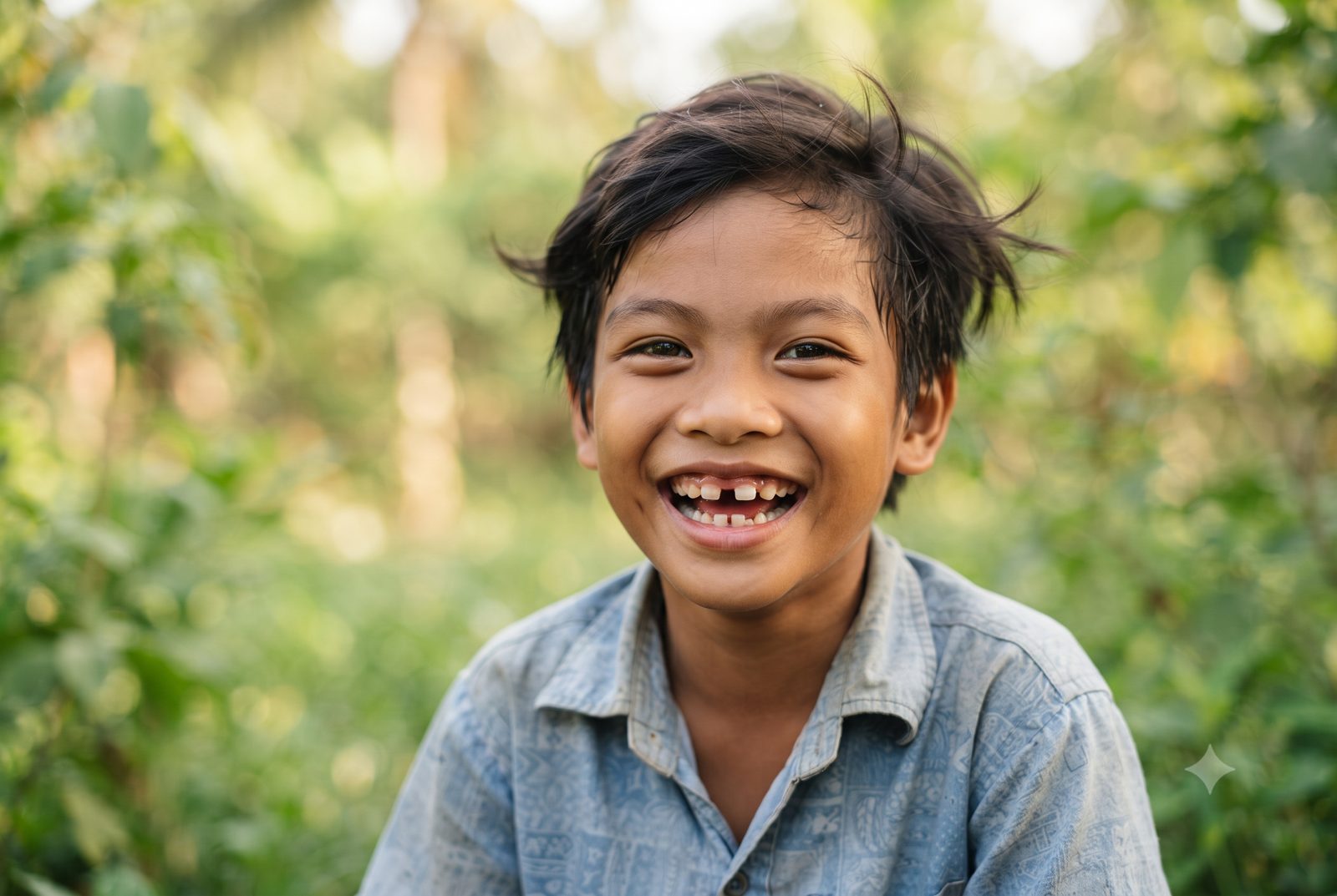 Bé trai cười tươi lộ khe hở giữa hai răng cửa trên - ảnh minh hoạ ảnh hưởng của phanh môi bám thấp