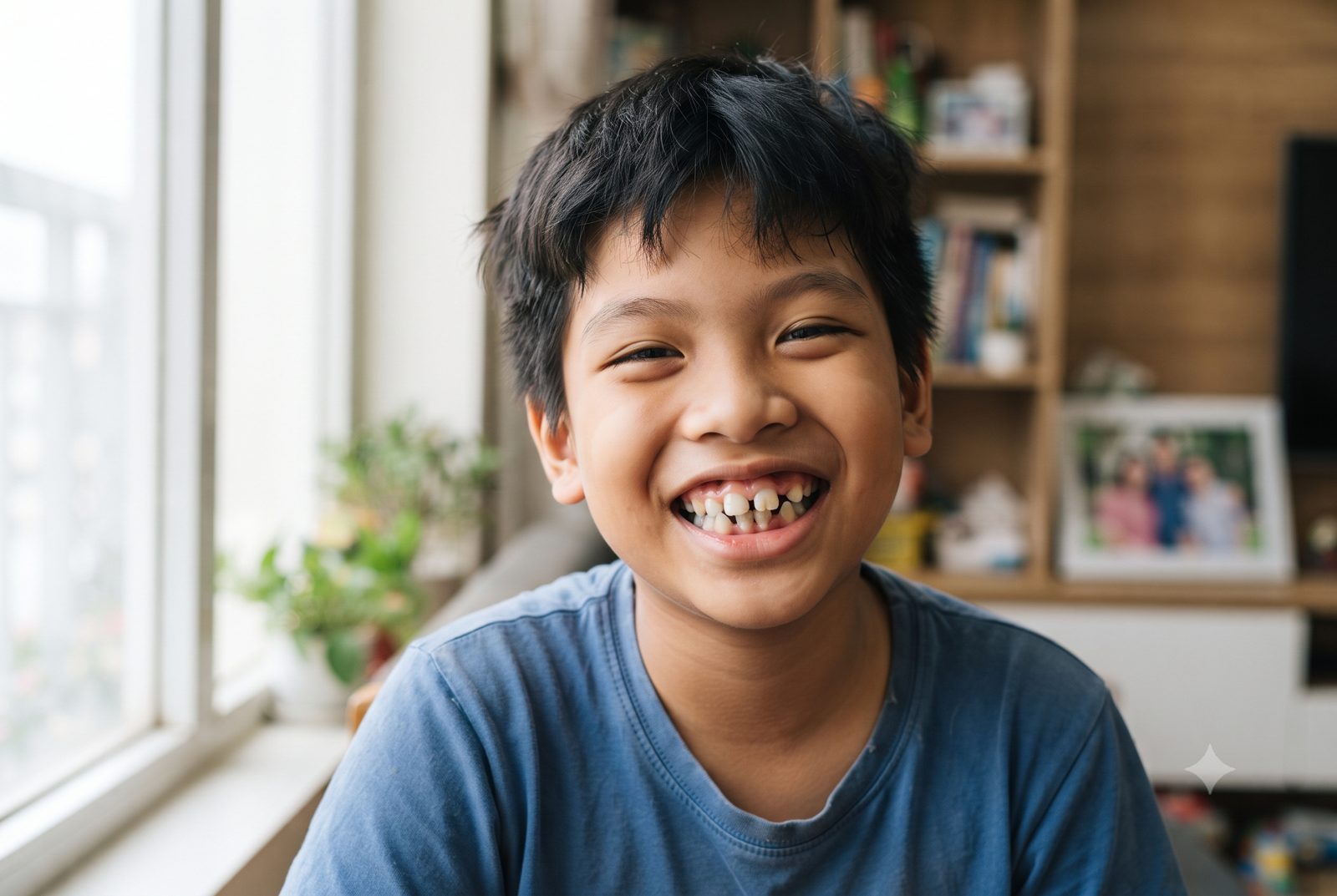 Bé trai cười lộ hàm răng cửa chen chúc, tình trạng răng miệng ảnh hưởng chi phí niềng răng - ảnh minh hoạ