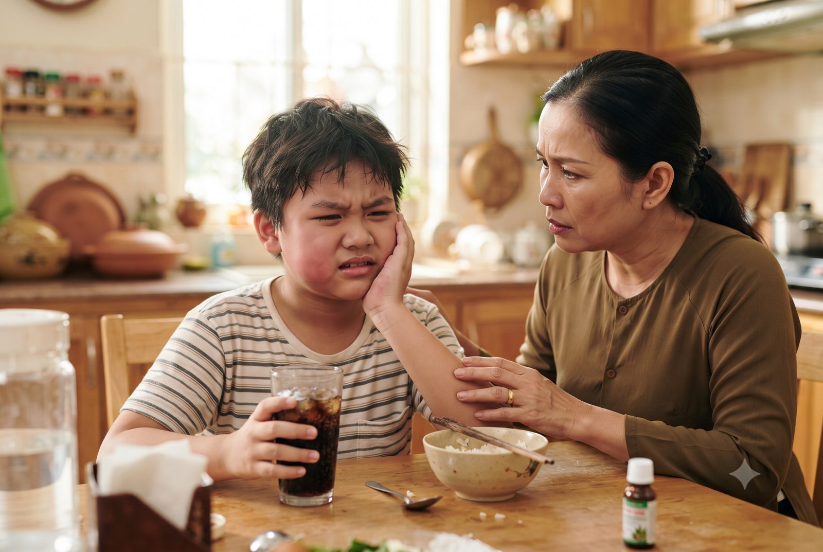 Bé trai cầm ly nước ngọt có gaz ôm má vì đau răng, mẹ lo lắng bên cạnh - ảnh minh hoạ nước có gaz gây sâu răng