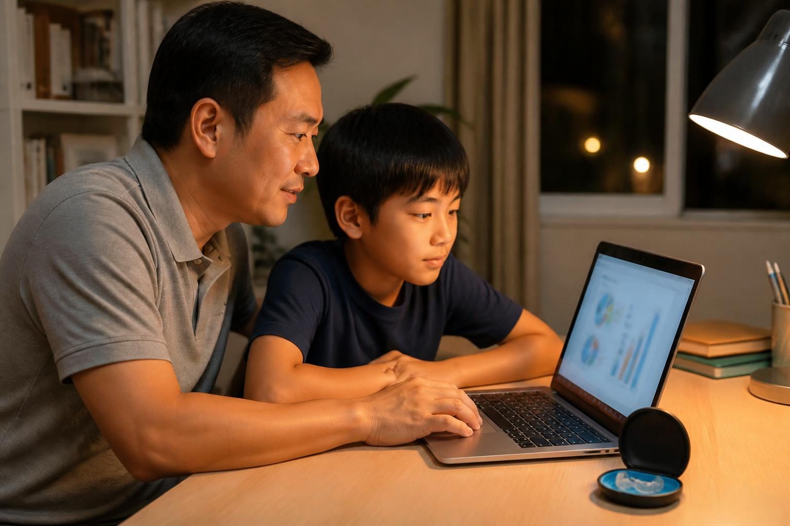 Bố và con trai cùng xem bảng tra cứu khí cụ chỉnh nha trẻ em trên máy tính - ảnh minh hoạ