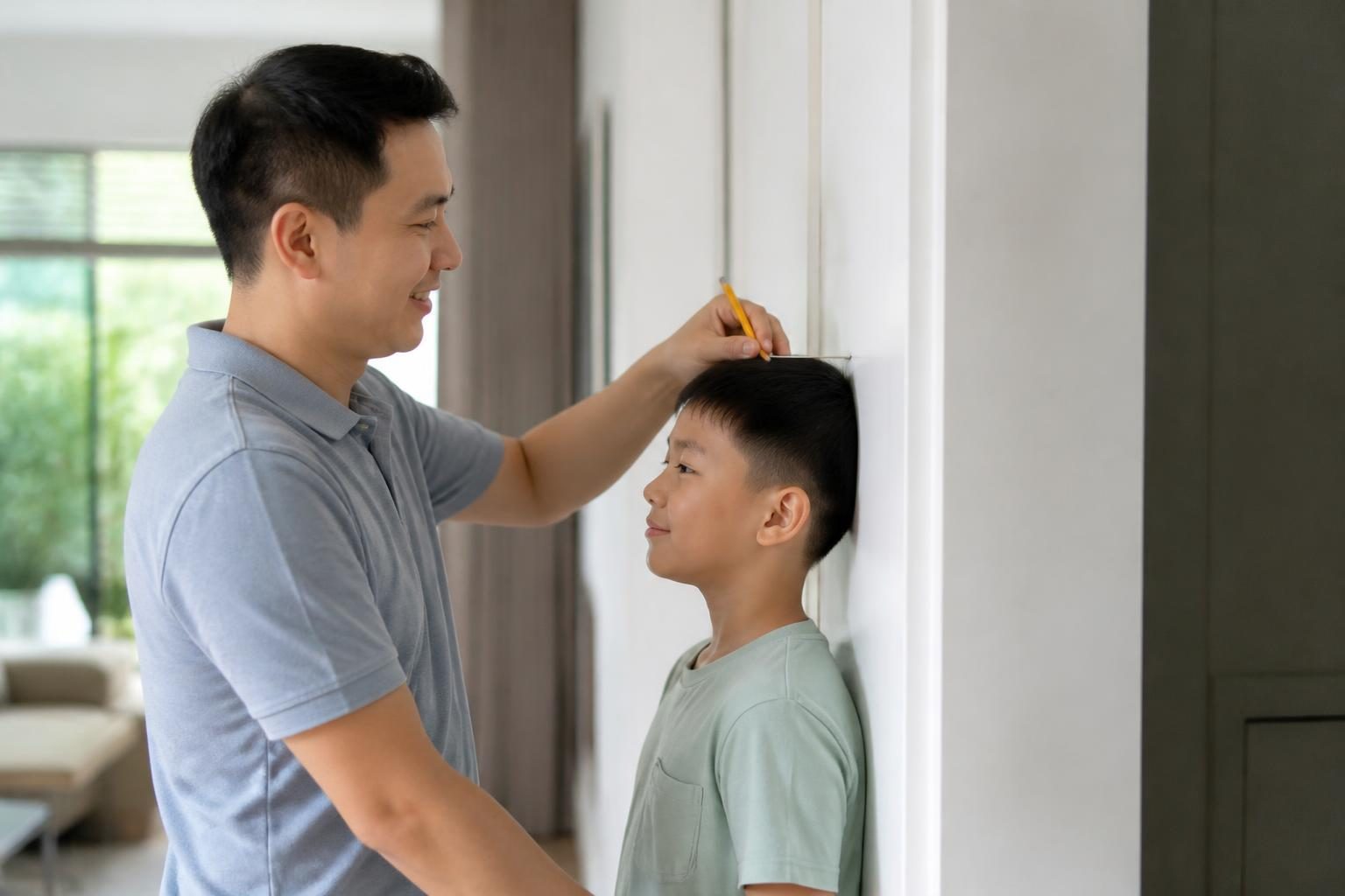 Bố đo chiều cao con trai bên khung cửa, trẻ đang trong giai đoạn tăng trưởng, thời điểm niềng răng sớm cho trẻ có ý nghĩa - ảnh minh hoạ