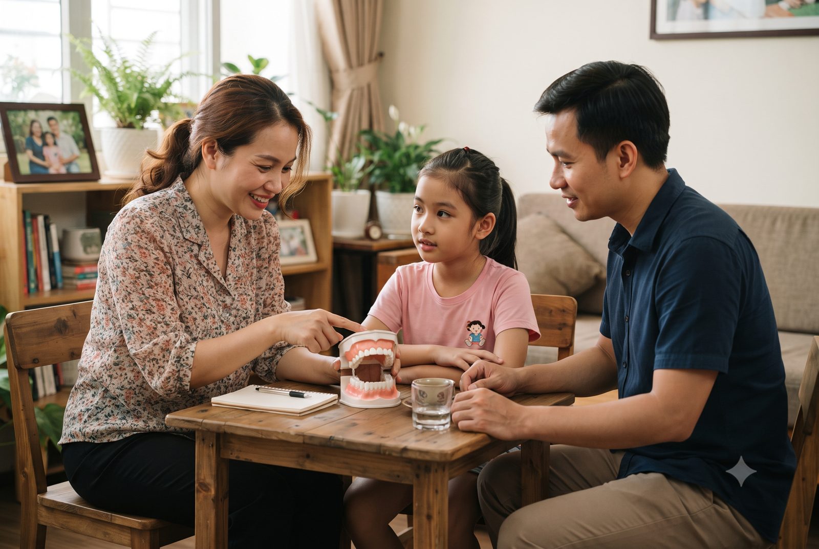 Bố mẹ cùng con gái xem mô hình hàm răng, cân nhắc có nên niềng răng cho trẻ - ảnh minh hoạ