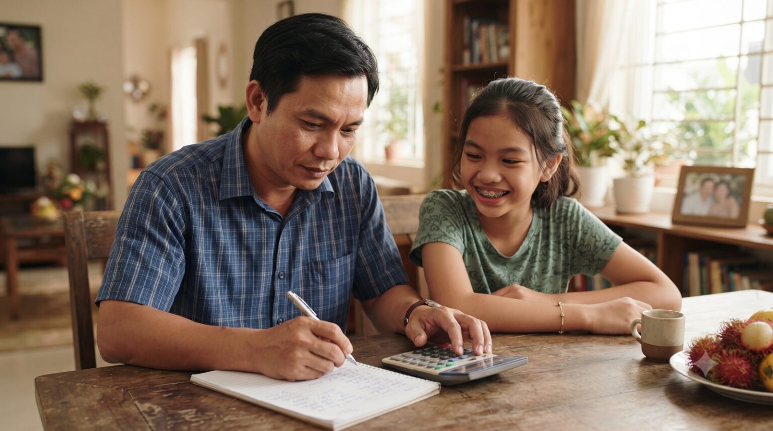 Bố ghi chép tính chi phí niềng răng cho con gái đang đeo mắc cài - ảnh minh hoạ Nha khoa Bác sĩ Trung Long Biên