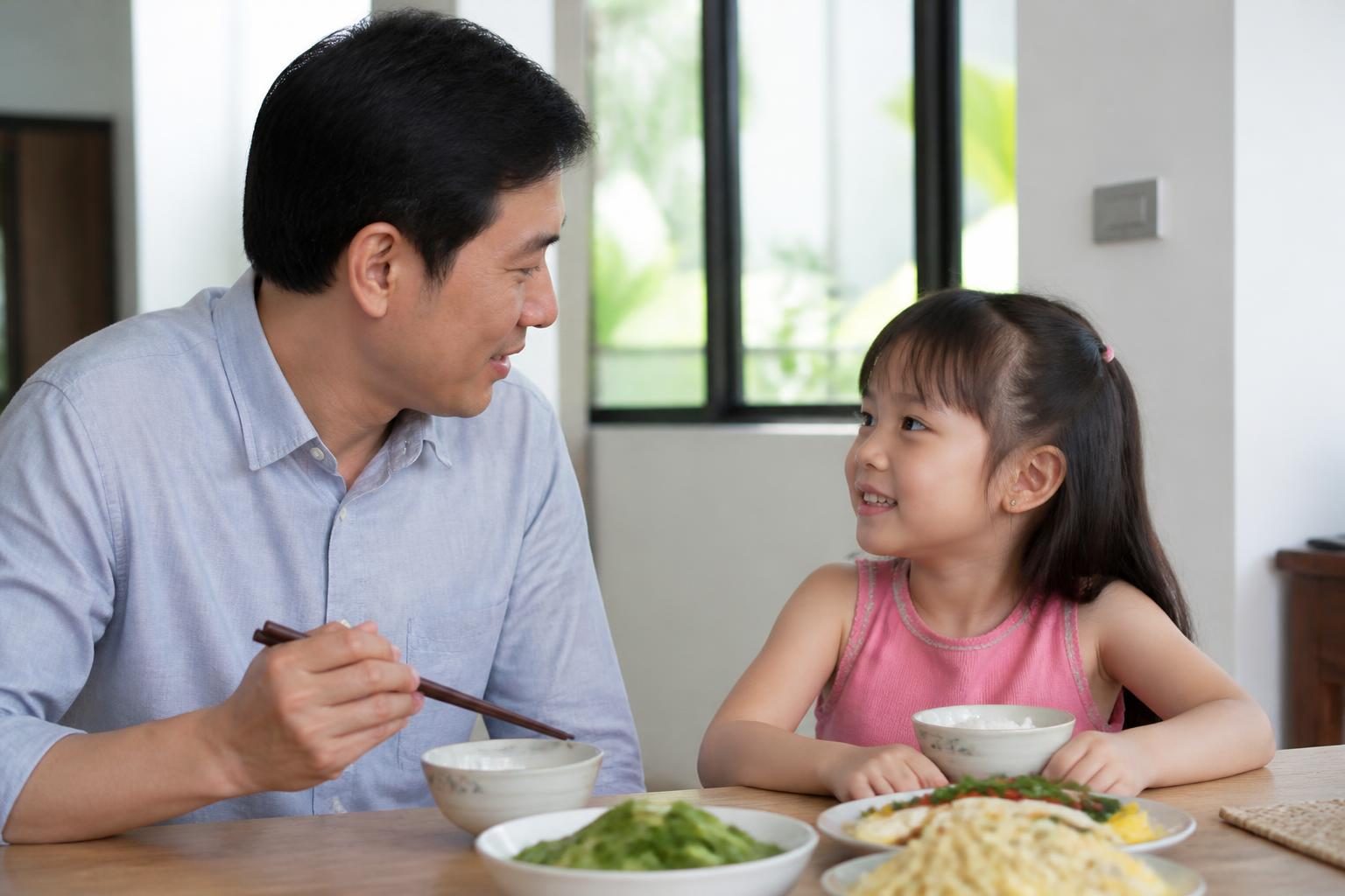 Bố trò chuyện nhẹ nhàng với con gái bên bữa cơm, đi khám chỉnh nha không có nghĩa là sẽ phải niềng - ảnh minh hoạ