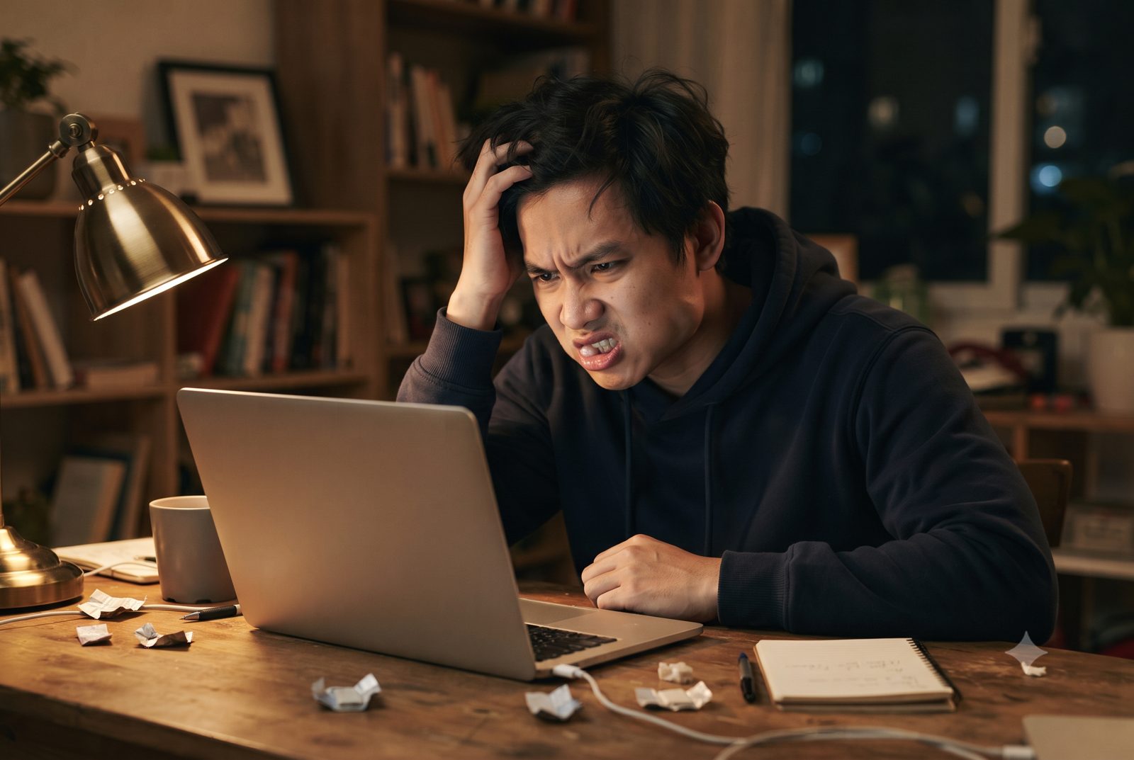Chàng trai căng thẳng làm việc khuya bên máy tính, nhai kẹo cao su và gồng chặt hàm - ảnh minh hoạ nguyên nhân gây đau khớp thái dương hàm