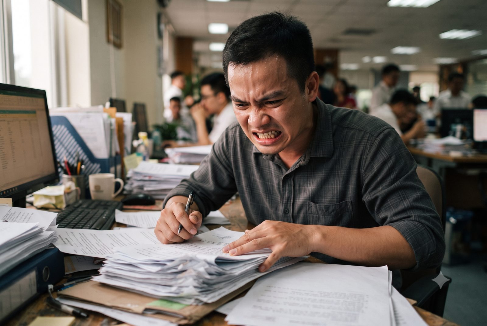 Người đàn ông căng thẳng bên đống giấy tờ, nghiến chặt răng, cơ hàm gồng cứng - ảnh minh hoạ căng thẳng là một nguyên nhân gây đau khớp thái dương hàm