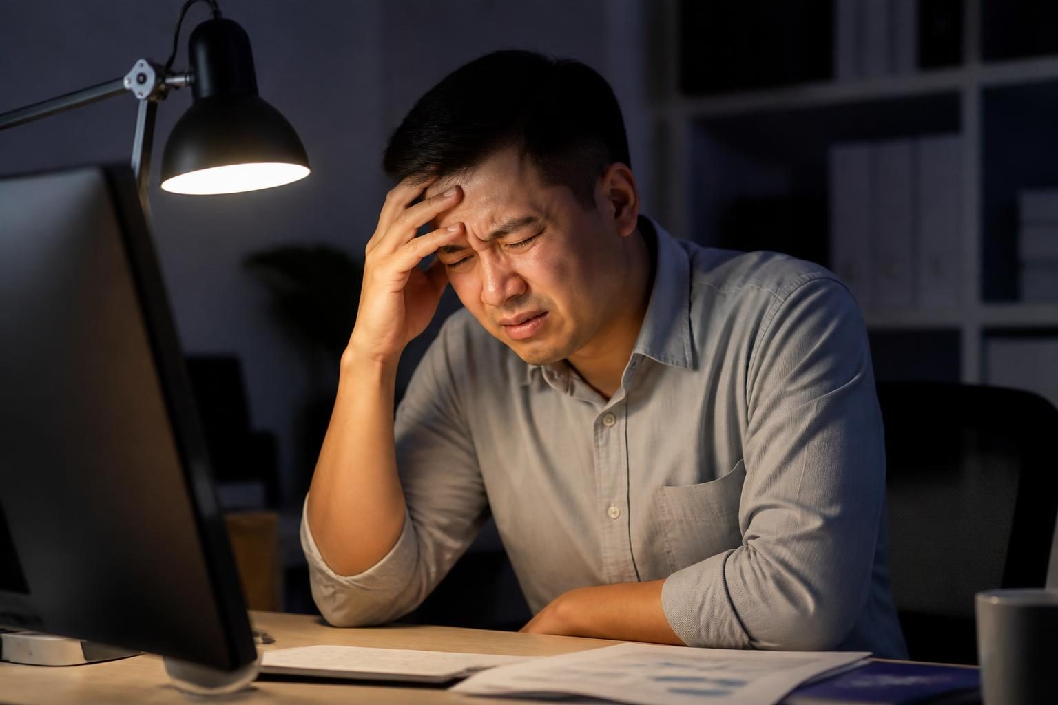Nhân viên văn phòng căng thẳng làm việc khuya, nghiến chặt răng, một nguyên nhân thường gặp của bệnh lý khớp thái dương hàm - ảnh minh hoạ