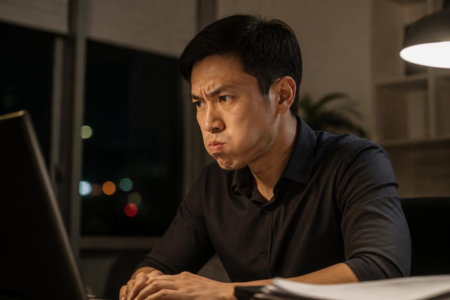 Người đàn ông căng thẳng làm việc khuya, siết chặt hàm, một nguyên nhân viêm khớp thái dương hàm - ảnh minh hoạ