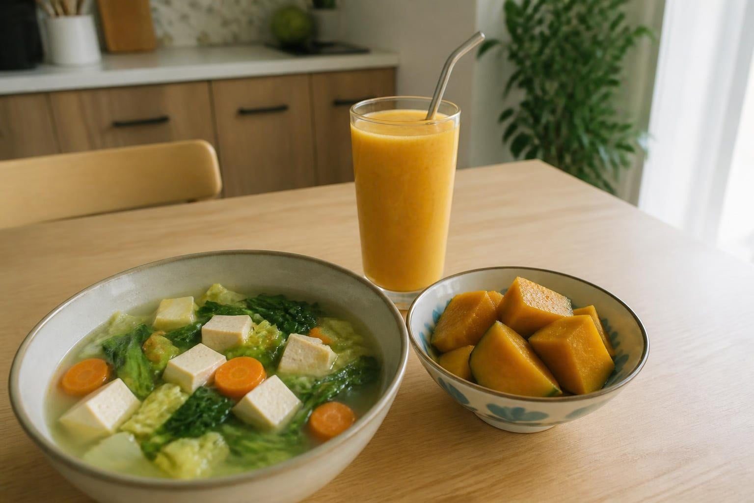 Canh rau đậu phụ, bí đỏ hấp và nước ép là món mềm dễ nhai - ảnh minh hoạ lựa chọn thực phẩm phù hợp khi viêm khớp thái dương hàm