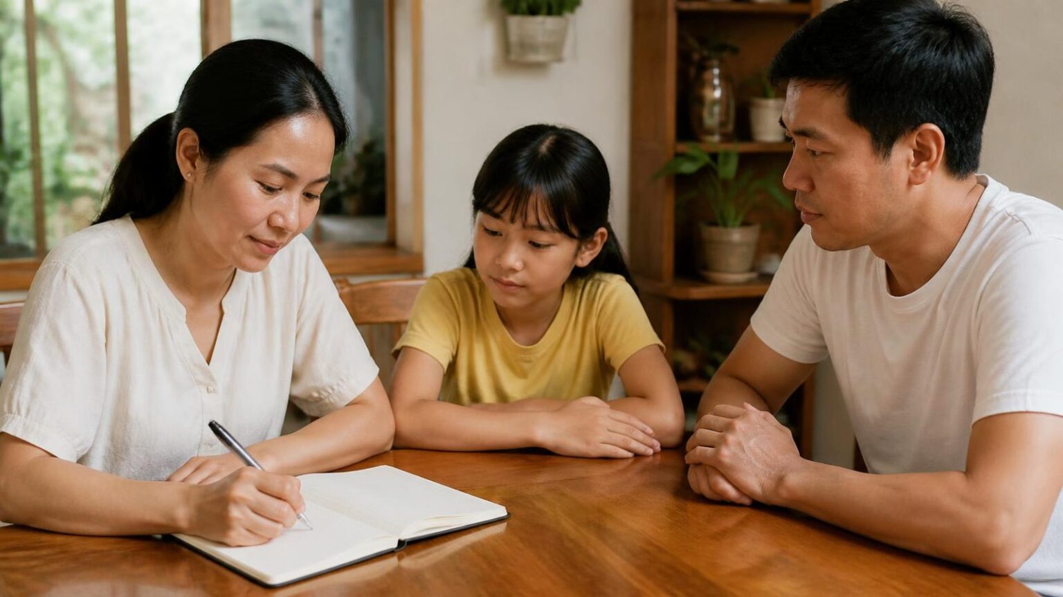 Bố mẹ cùng con gái ngồi bàn ghi lại các câu hỏi trước khi niềng răng cho con - ảnh minh hoạ Nha khoa Bác sĩ Trung Long Biên