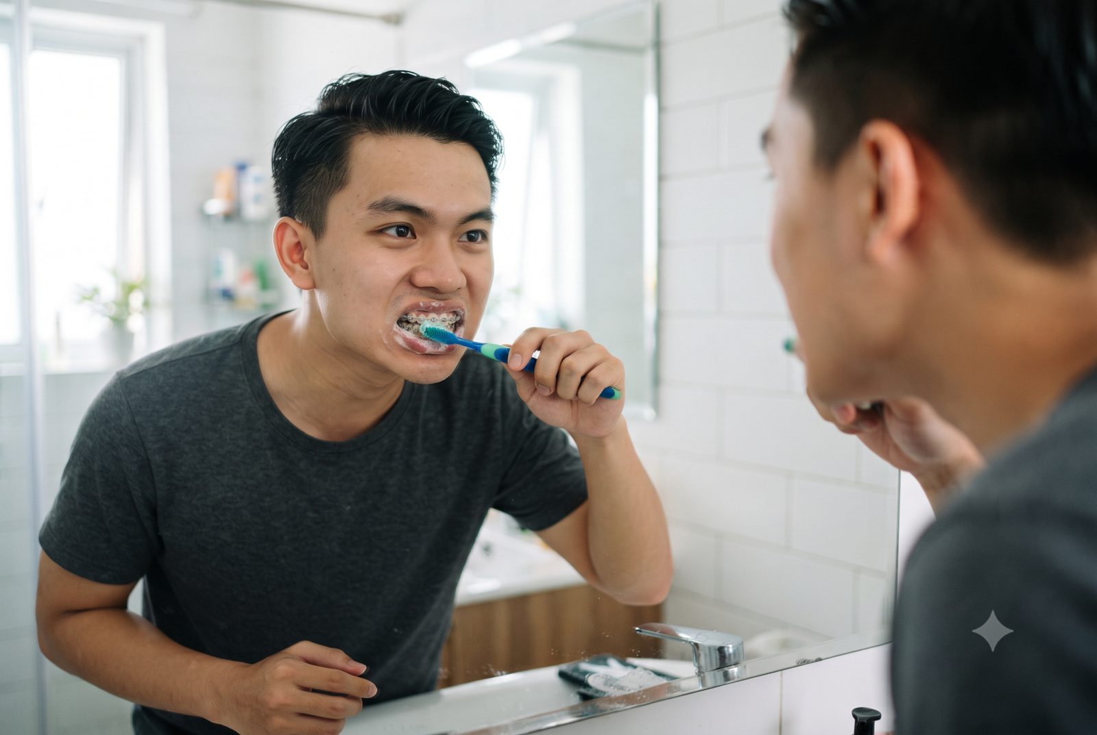 Chàng trai đang niềng răng mắc cài chải răng cẩn thận trước gương, chải răng đúng cách khi niềng răng - ảnh minh hoạ