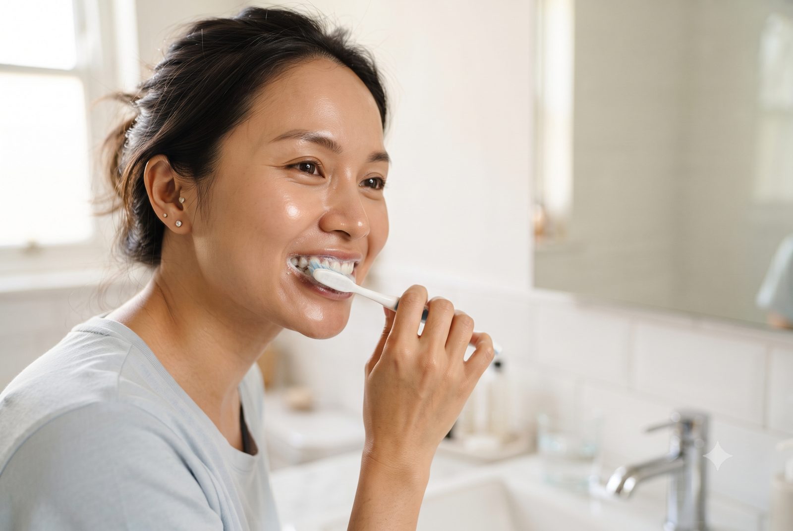 Người phụ nữ chải răng nhẹ nhàng bằng bàn chải lông mềm dọc viền lợi - ảnh minh hoạ chăm sóc khi bị tụt lợi
