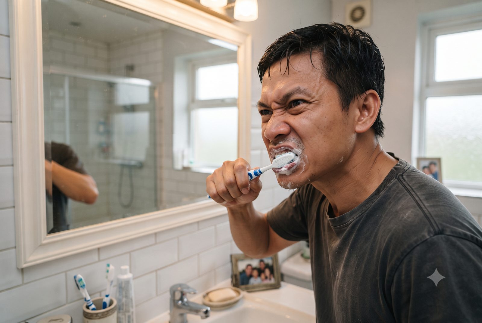 Người đàn ông chải răng quá mạnh theo chiều ngang bằng bàn chải lông cứng - ảnh minh hoạ nguyên nhân tụt lợi