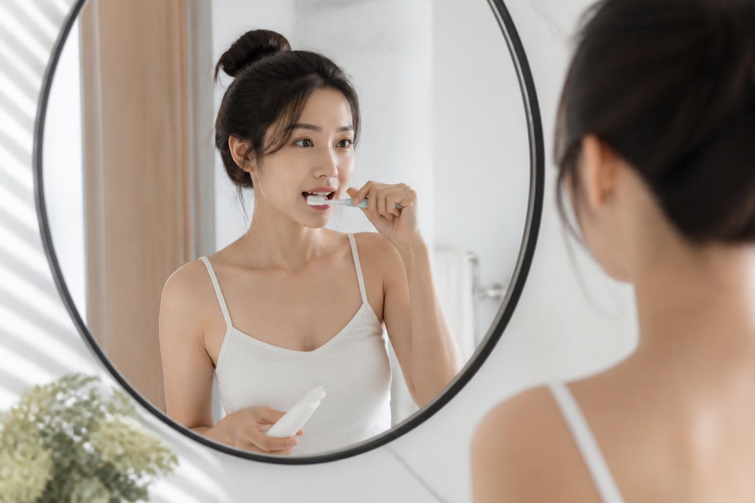 Cô gái chải răng trước gương, răng thẳng đều sau niềng răng giúp vệ sinh dễ hơn - ảnh minh hoạ