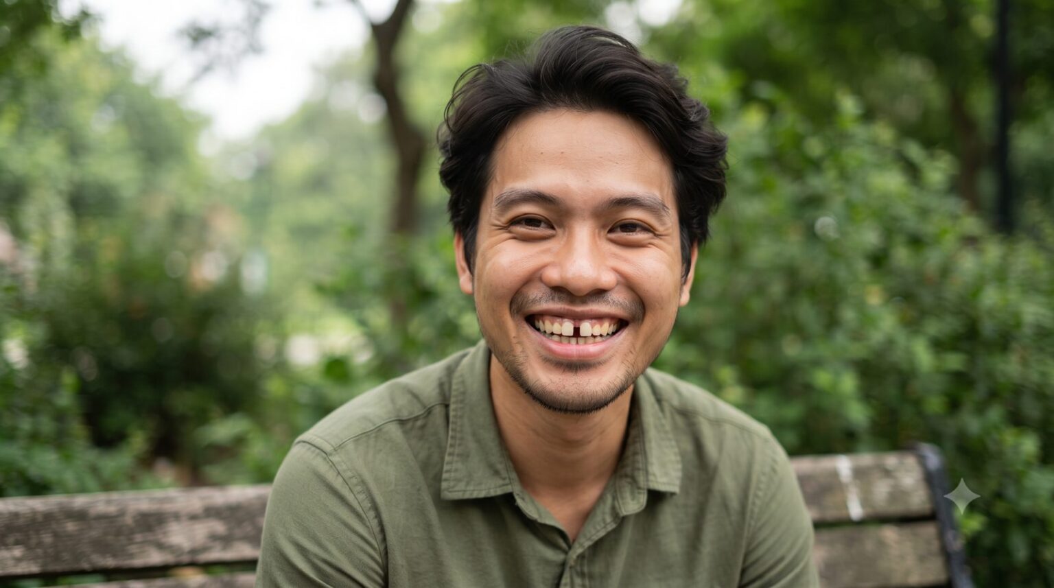 Chàng trai cười tươi lộ khe hở giữa hai răng cửa, tình trạng răng thưa - ảnh minh hoạ Nha khoa Bác sĩ Trung Long Biên