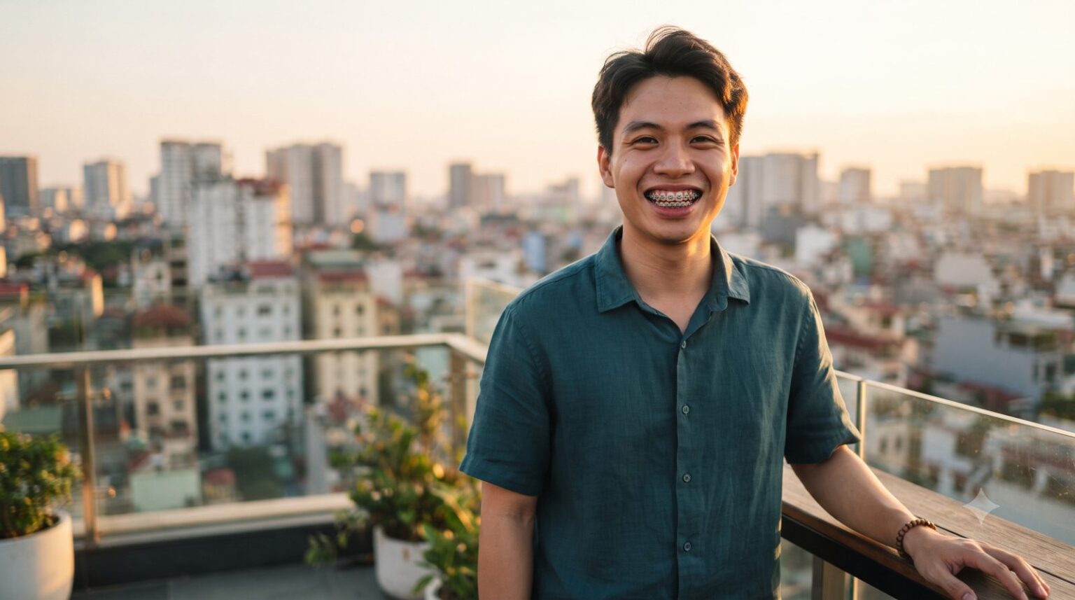 Chàng trai cười tự tin khoe hàm răng niềng mắc cài kim loại - ảnh minh hoạ Nha khoa Bác sĩ Trung Long Biên