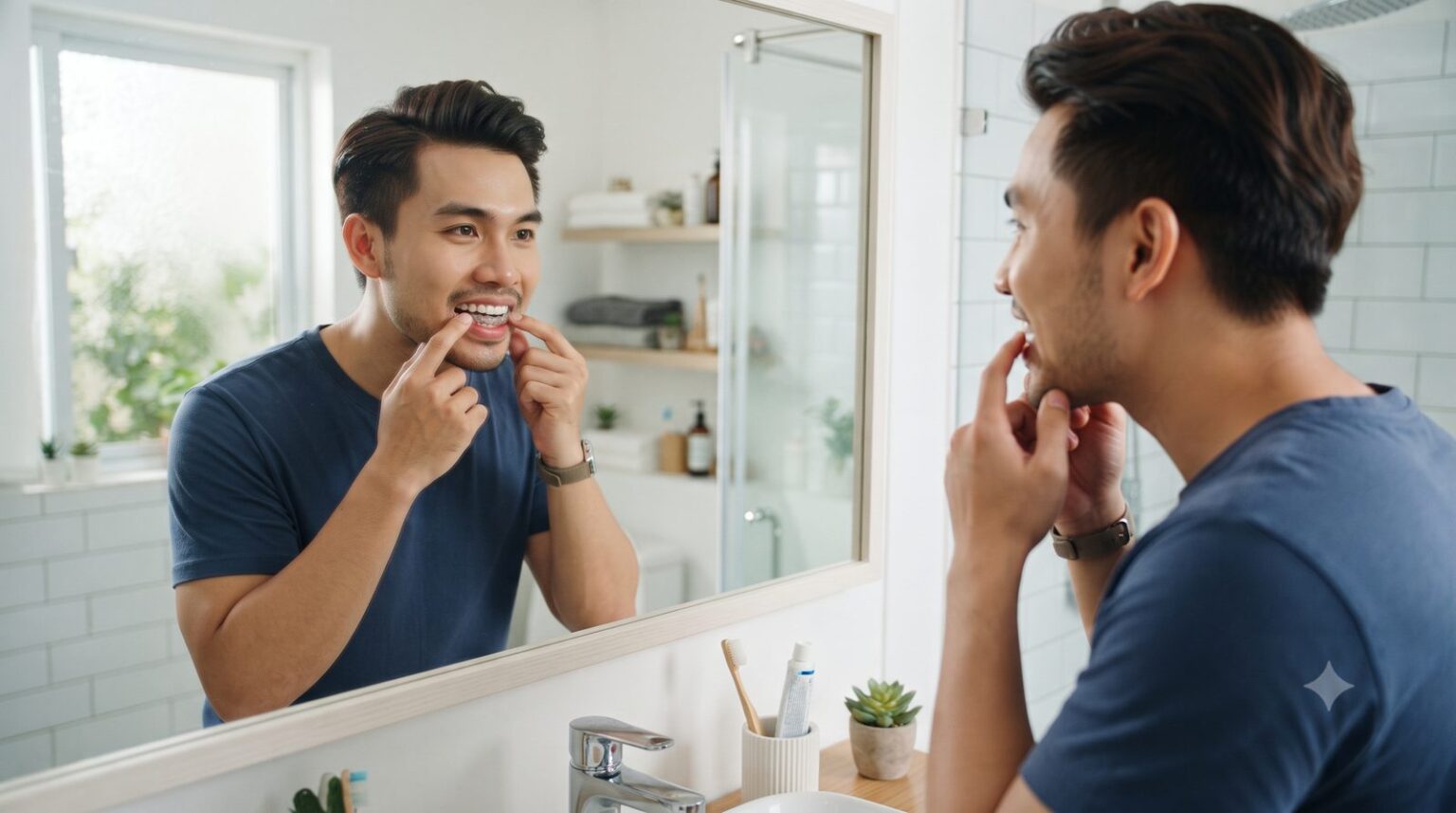 Chàng trai đeo khay niềng răng trong suốt trước gương phòng tắm - ảnh minh hoạ Nha khoa Bác sĩ Trung Long Biên