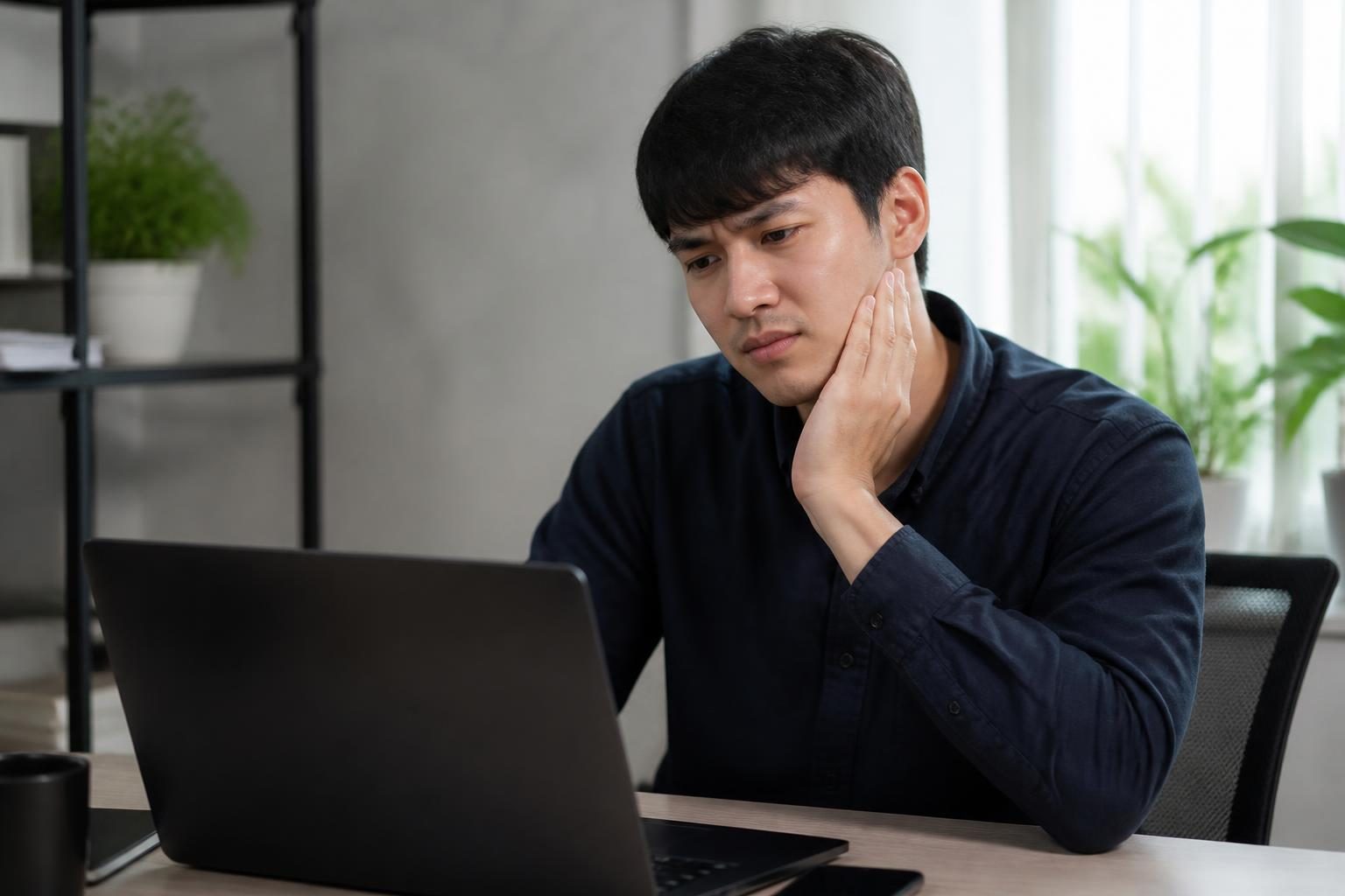 Chàng trai ngồi bàn làm việc ôm má vì ê buốt vùng răng số 8, dấu hiệu cần cân nhắc nhổ răng số 8 khi niềng - ảnh minh hoạ