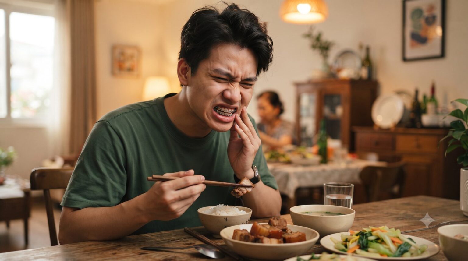 Chàng trai niềng răng mắc cài nhăn mặt ôm má vì ê đau khi đang ăn - ảnh minh hoạ Nha khoa Bác sĩ Trung Long Biên