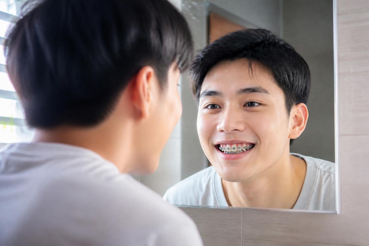 Chàng trai soi gương ngắm nụ cười đang niềng mắc cài kim loại - ảnh minh hoạ ưu nhược điểm niềng răng mắc cài