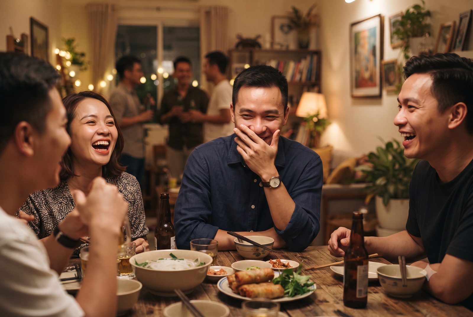 Người đàn ông lấy tay che miệng, ngại cười giữa bạn bè vì răng lệch lạc - ảnh minh hoạ ảnh hưởng khi không chỉnh nha