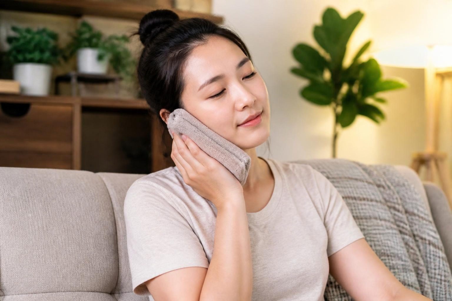 Cô gái ngồi sofa áp khăn ấm lên vùng khớp hàm để thư giãn cơ - ảnh minh hoạ