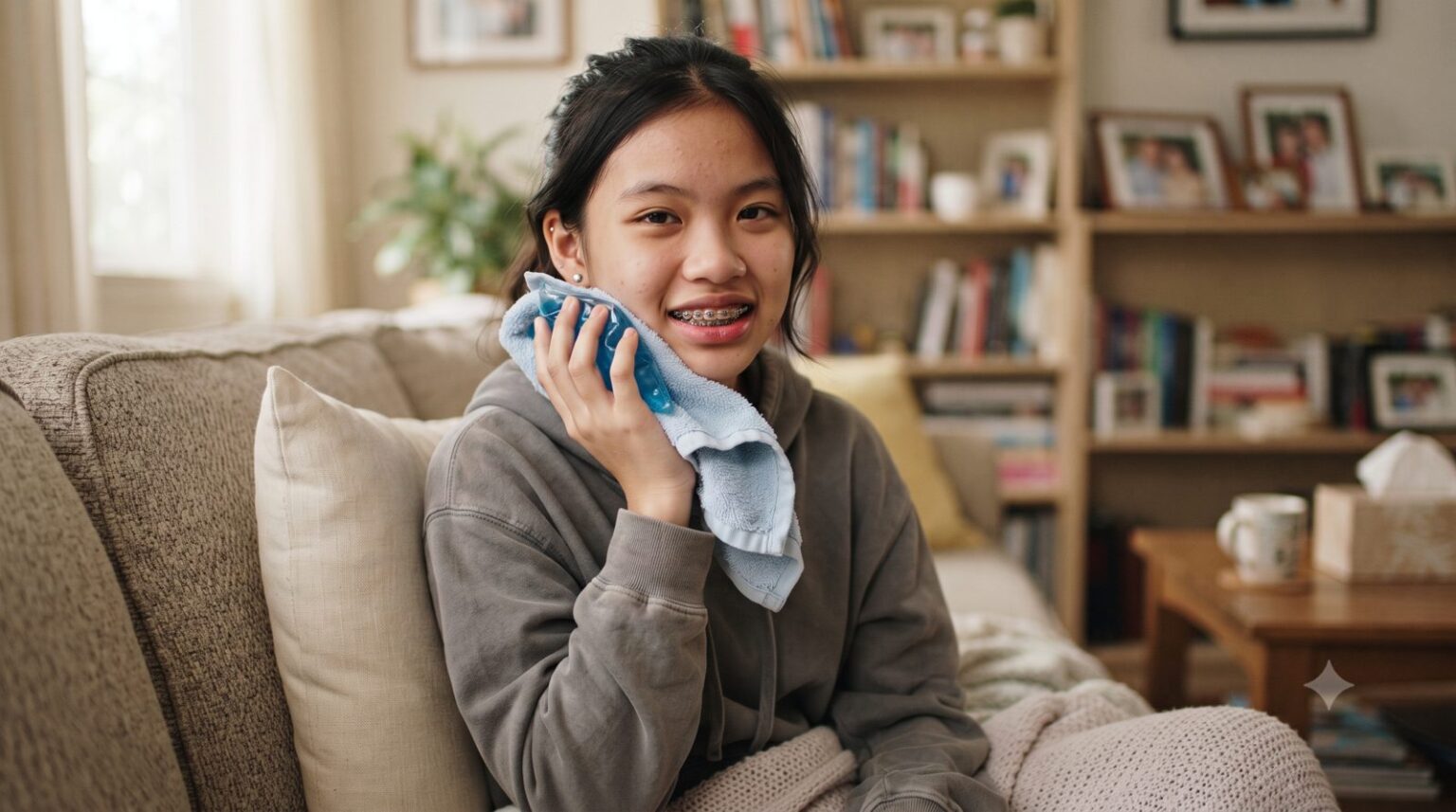Thiếu nữ niềng răng mắc cài chườm túi lạnh bọc khăn lên má để giảm ê đau - ảnh minh hoạ Nha khoa Bác sĩ Trung Long Biên