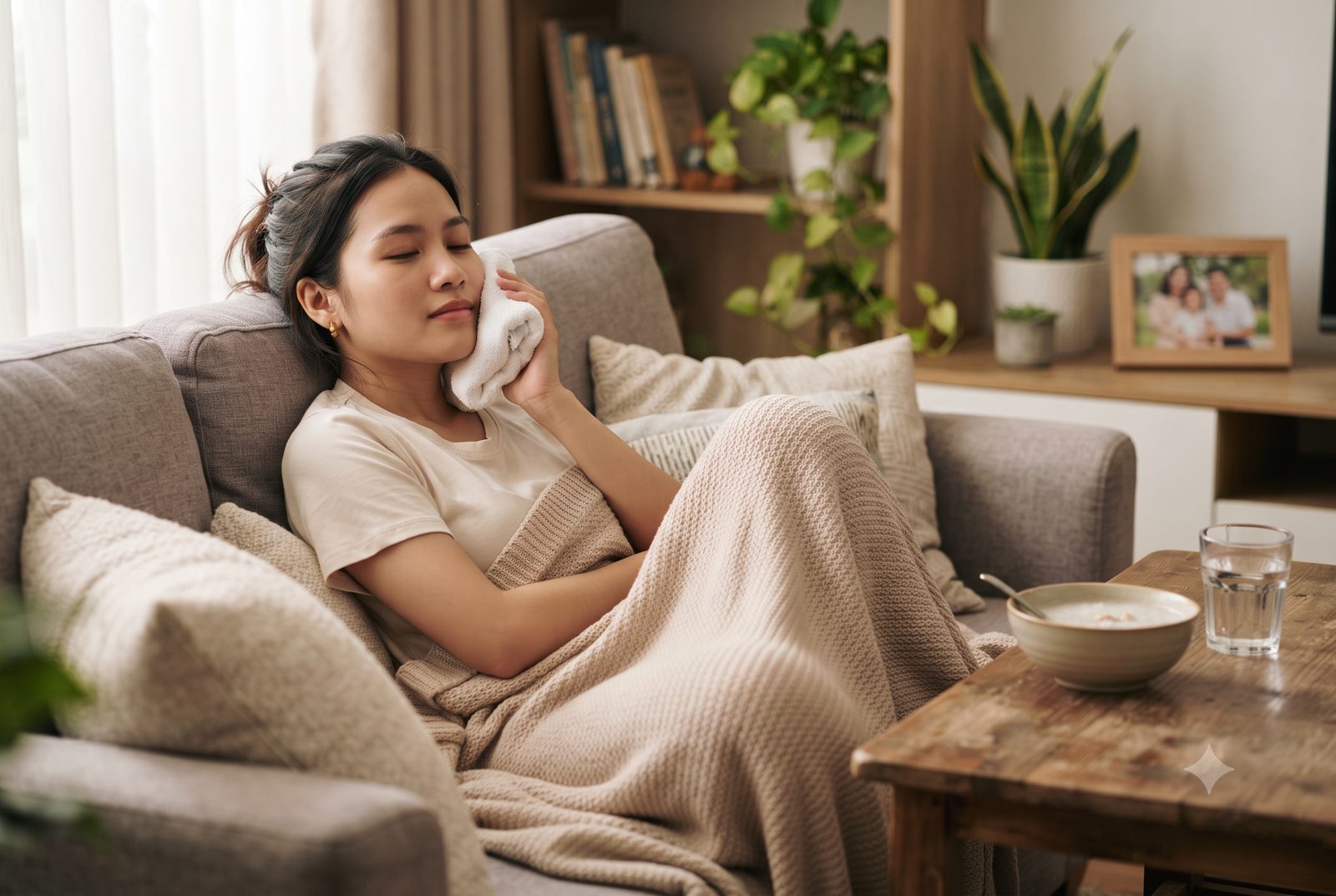 Cô gái nằm nghỉ trên sofa, chườm lạnh bên ngoài hàm, cạnh bát cháo nguội - ảnh minh hoạ chăm sóc sau nhổ răng khôn
