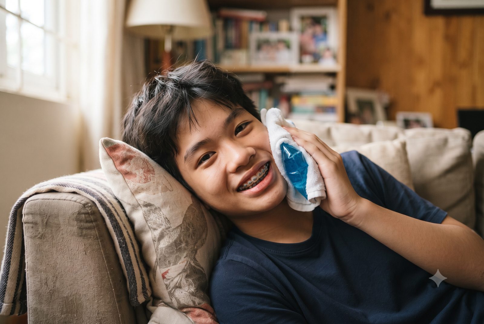 Thiếu niên đang niềng răng mắc cài nằm nghỉ ở nhà, chườm túi đá bọc khăn bên ngoài má cho đỡ ê sau khi cắm minivis - ảnh minh hoạ
