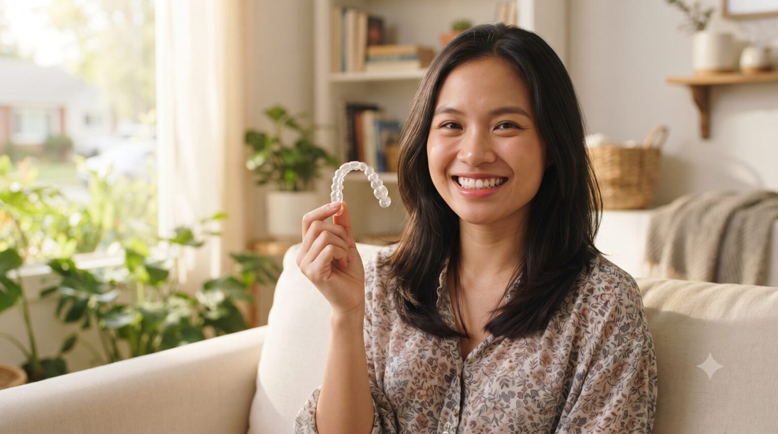 Cô gái cười tươi cầm khay niềng răng trong suốt trên tay - ảnh minh hoạ Nha khoa Bác sĩ Trung Long Biên